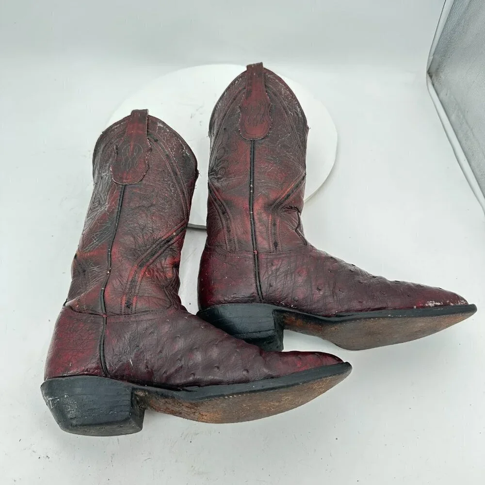 Tony Lama Men Size 7D Burgundy Full Quill Ostrich Leather Pull On Western Boot